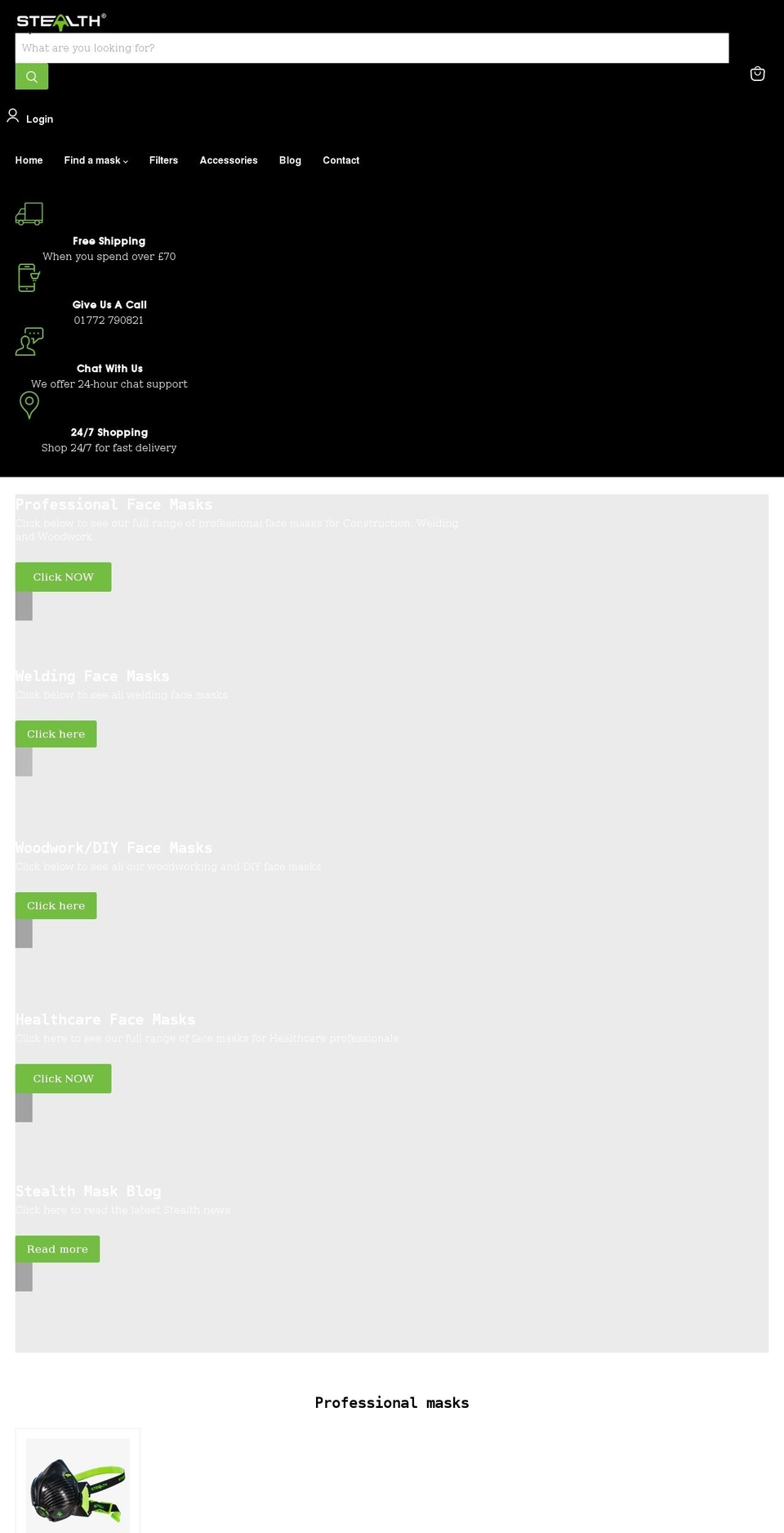 stealthmask.co.uk shopify website screenshot