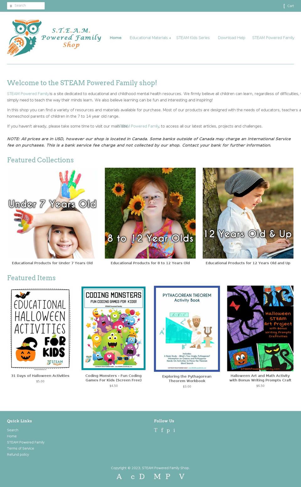 steampoweredkidslearning.com — Shopify storefront screenshot