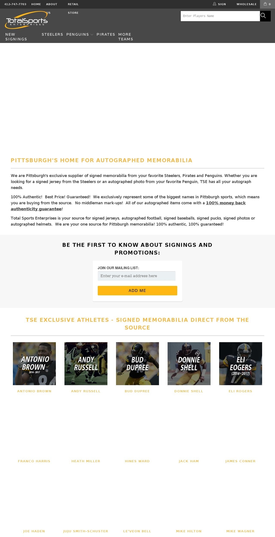 TSE Shoptimized Shopify theme site example steelersigning.com