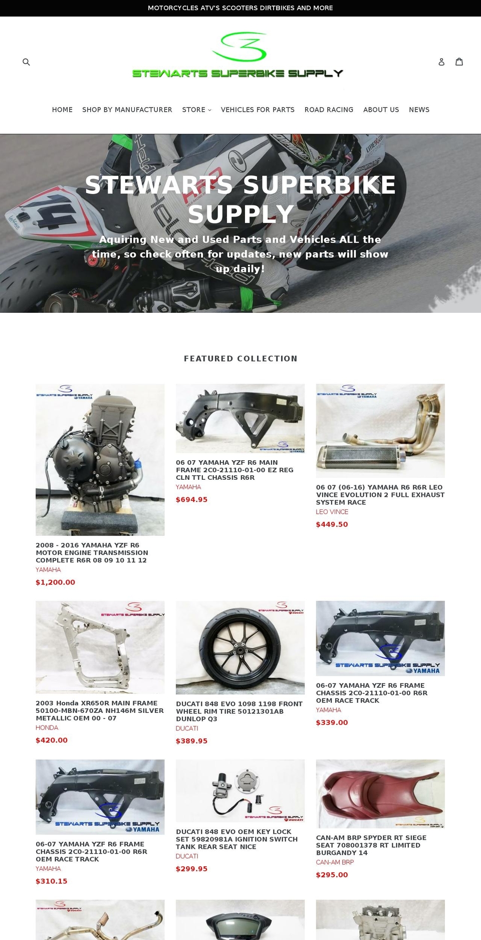 stewartssuperbikesupply.com — Shopify storefront screenshot