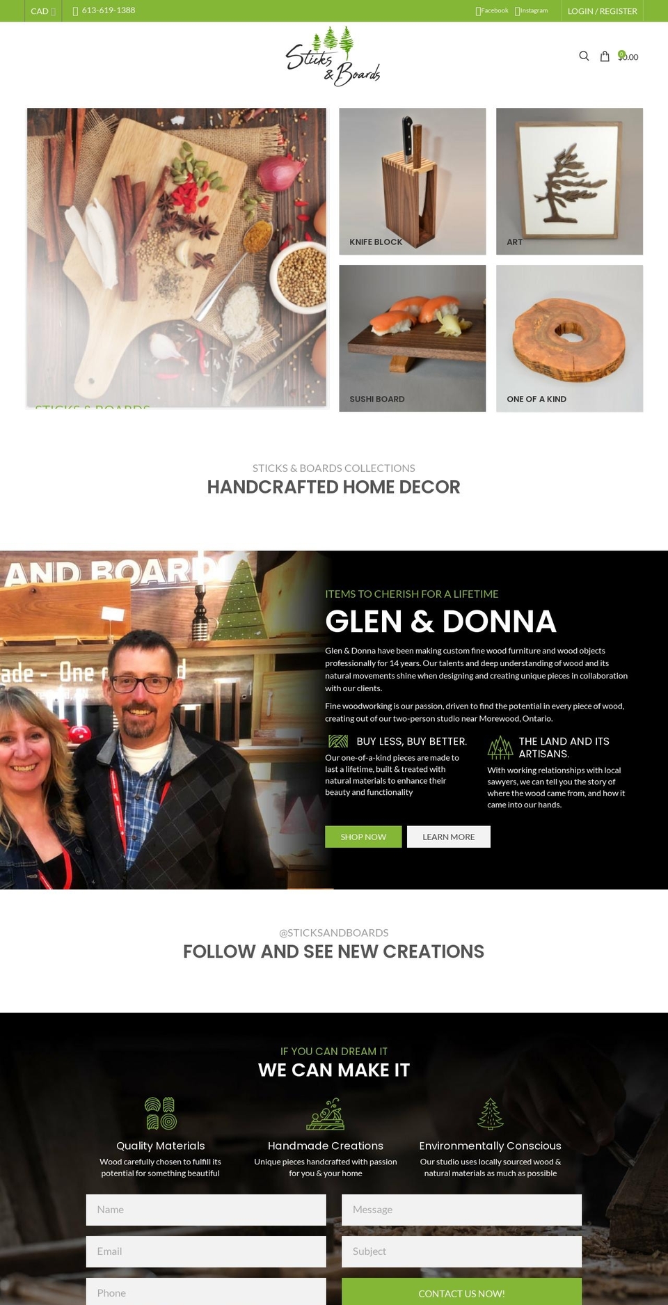 sticksandboards.ca shopify website screenshot