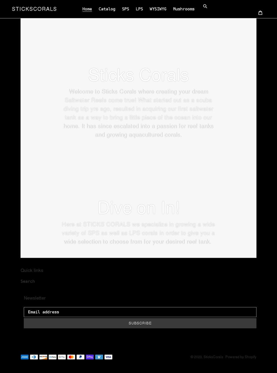 stickscorals.com shopify website screenshot