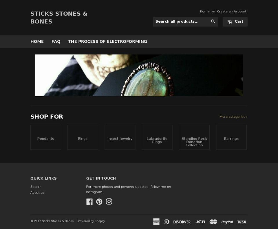 sticksstonesandbones.com shopify website screenshot