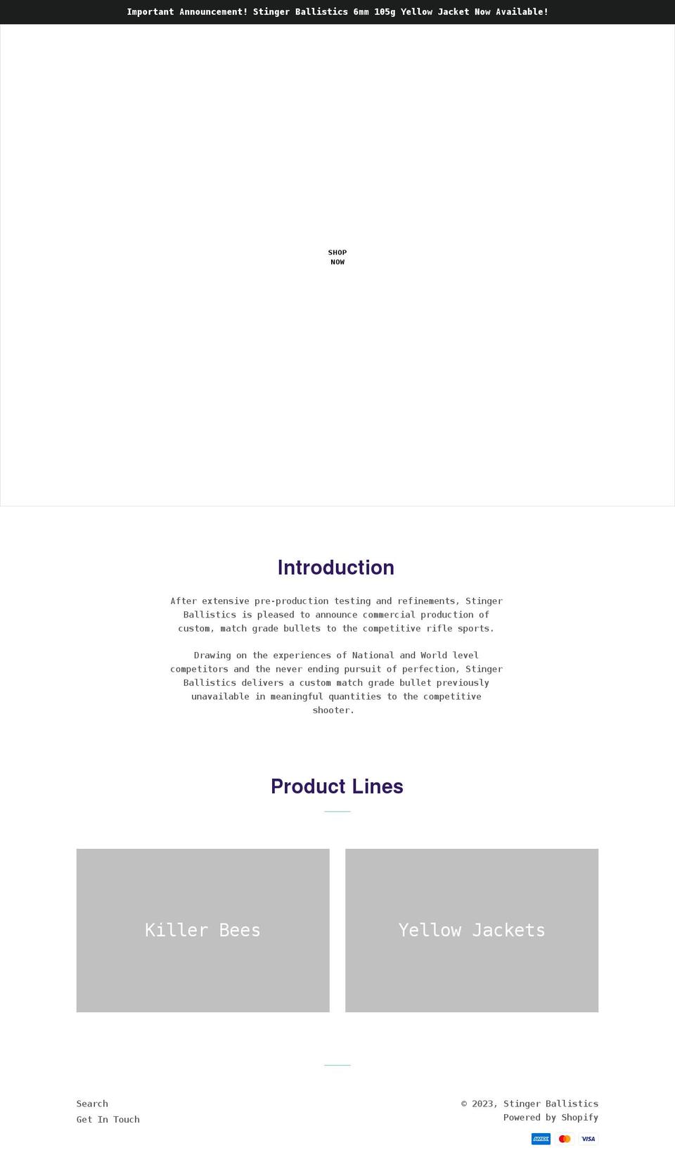 stingerballistics.com shopify website screenshot