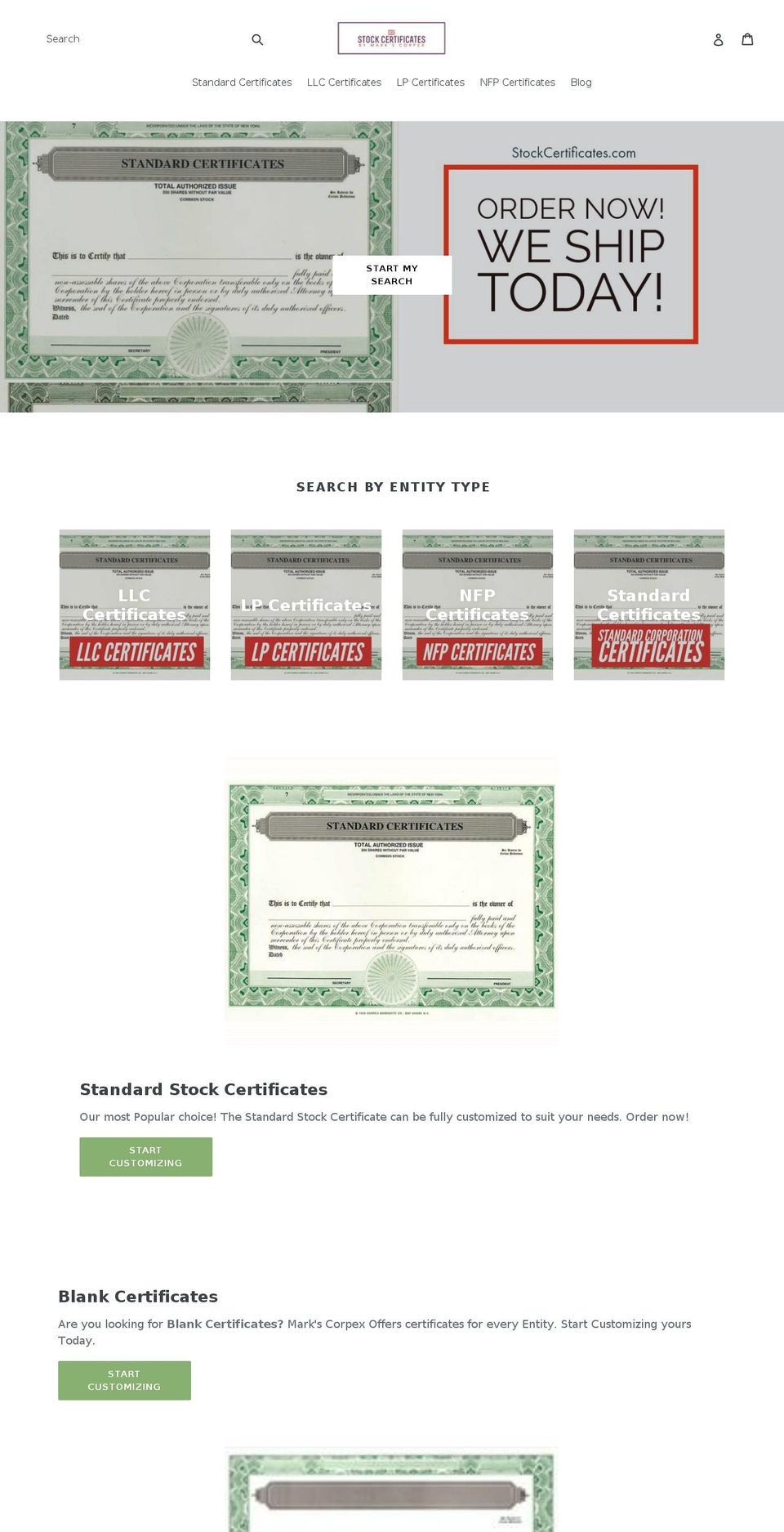 stockcertificates.com — Shopify storefront screenshot