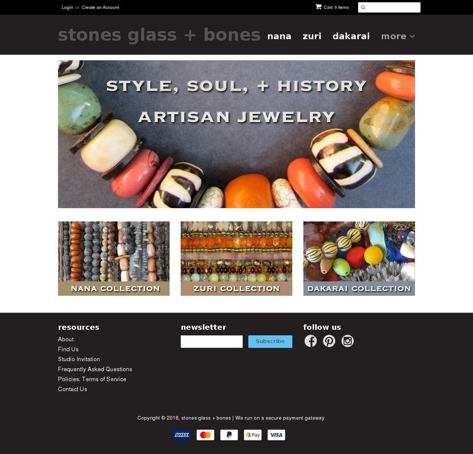 Stones, Glass, + Bones v2.0 Shopify theme site example stonesglassbones.com