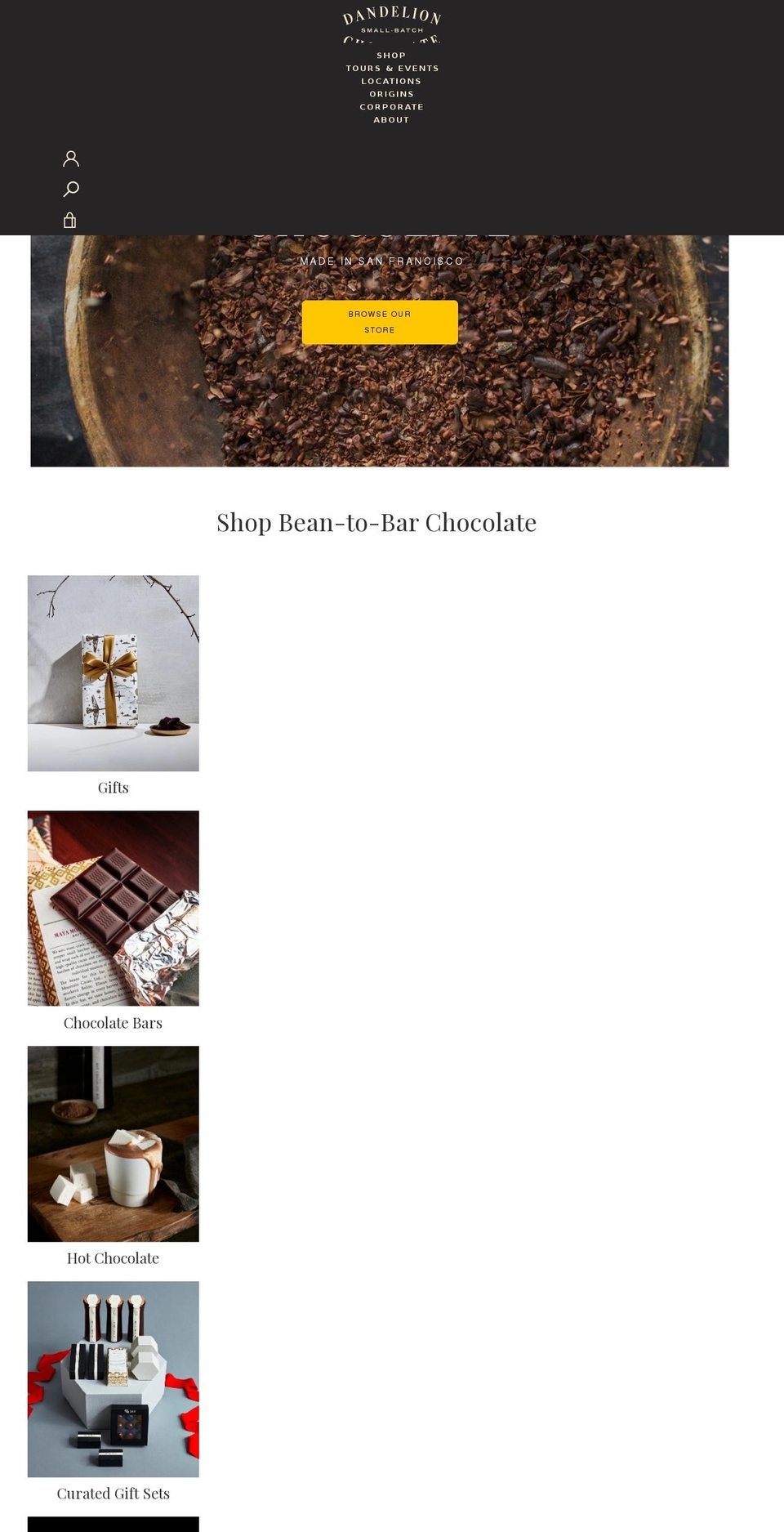 store.dandelionchocolate.com shopify website screenshot