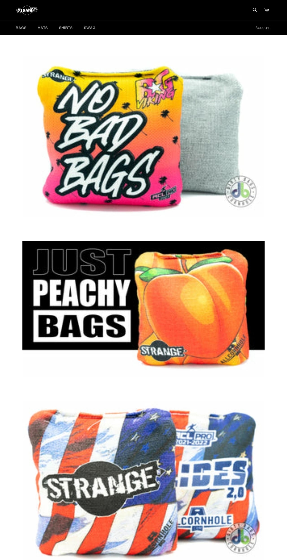 strangecornhole.com shopify website screenshot