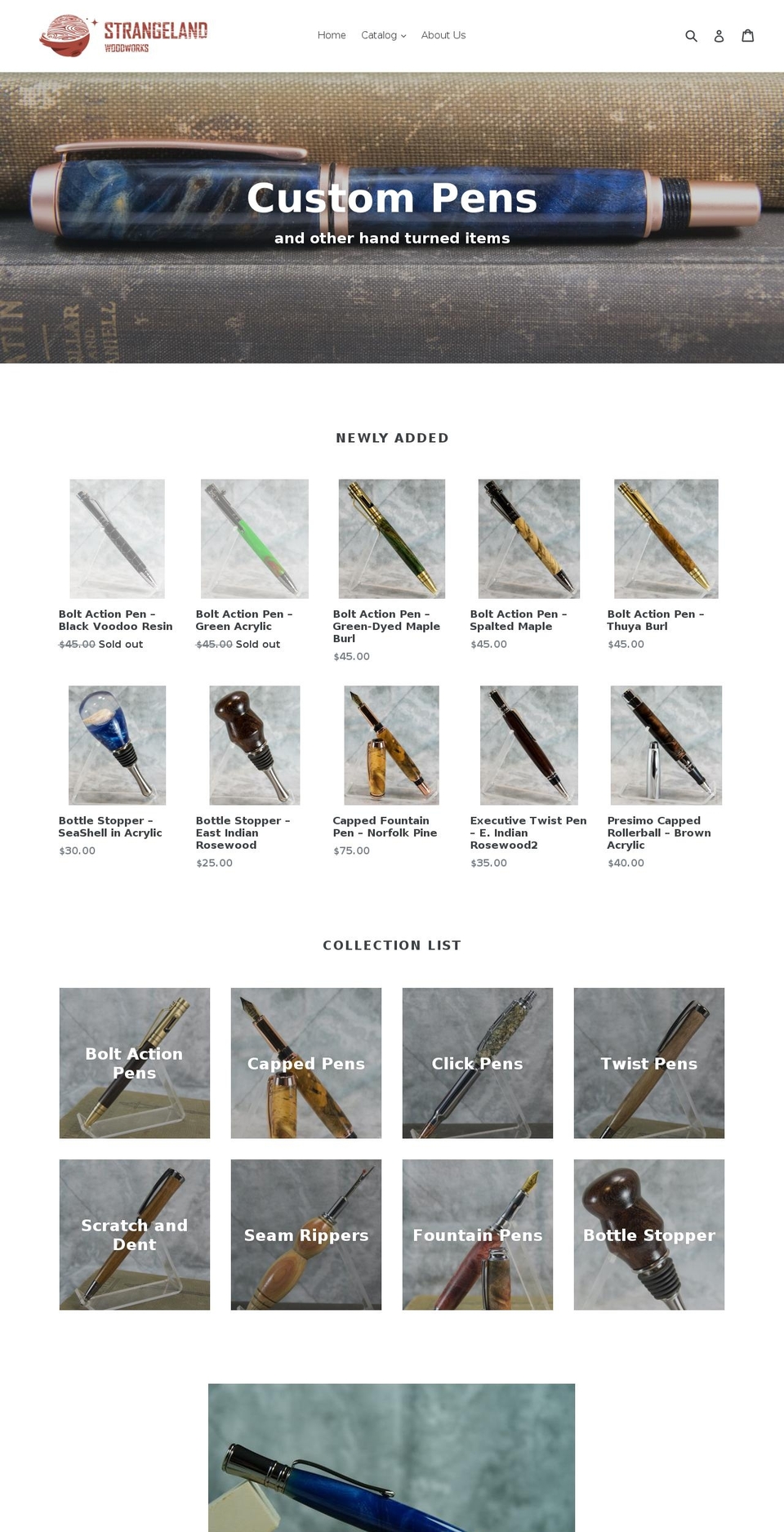 strangelandwoodworks.com — Shopify storefront screenshot