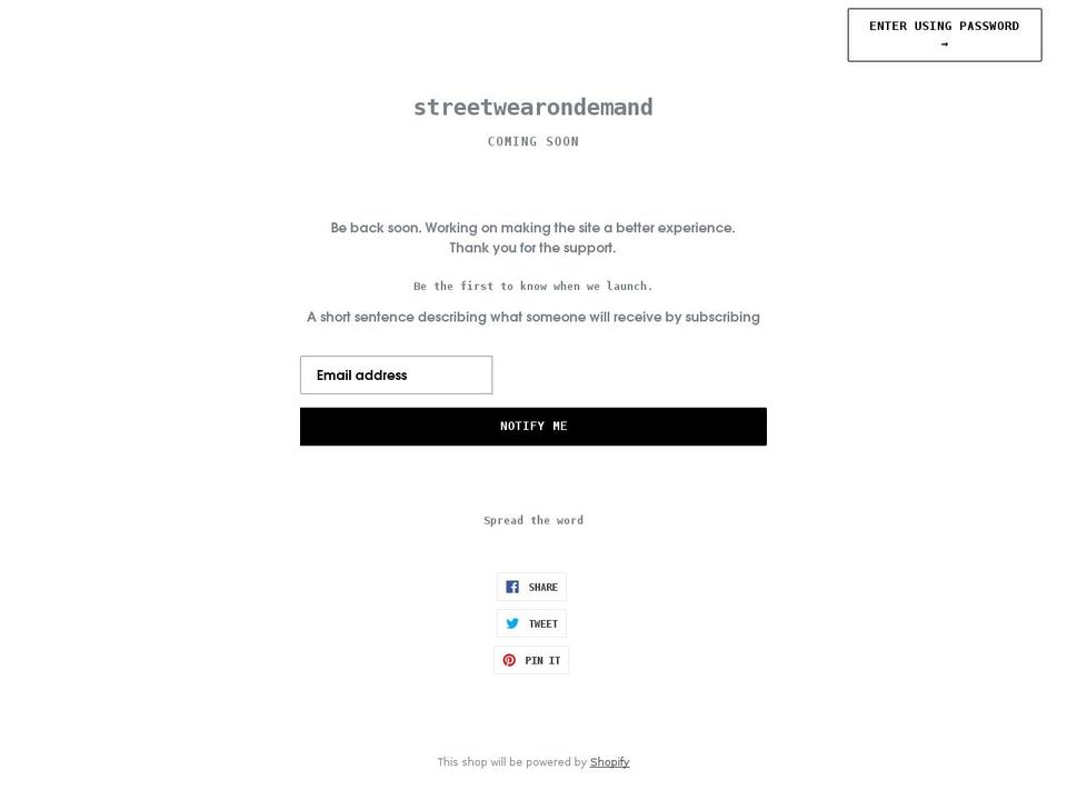 streetwearondemand.com — Shopify storefront screenshot