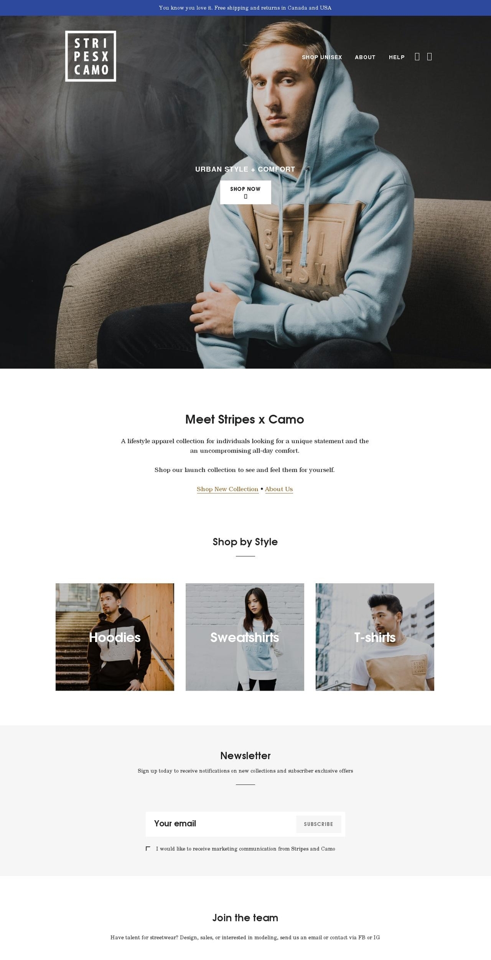 stripesandcamo.com shopify website screenshot