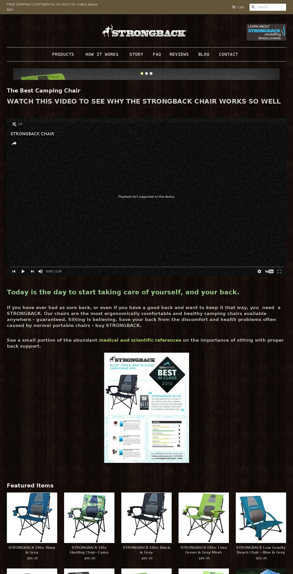 strongbackchairs.com shopify website screenshot