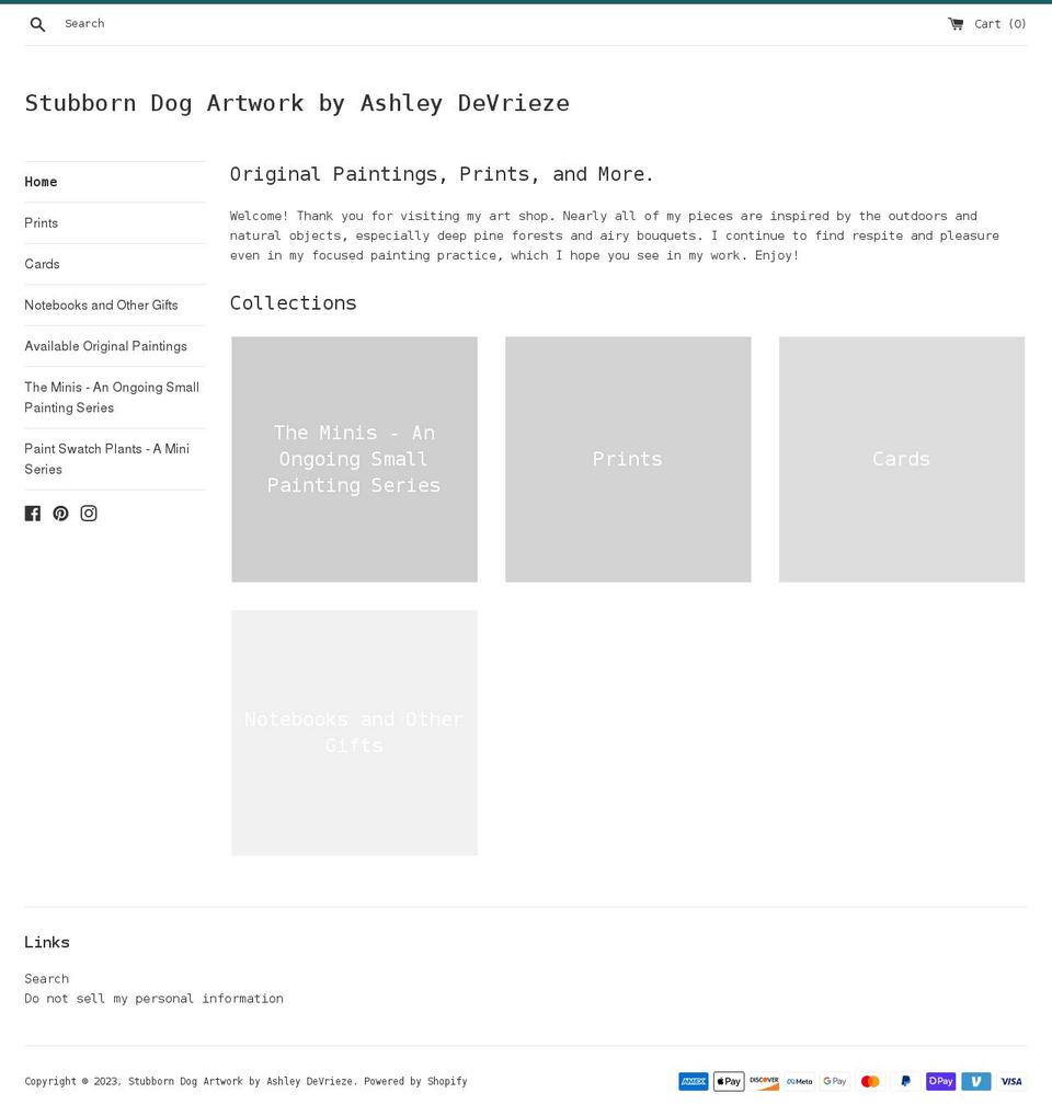 stubborn-dog-artwork-by-ashley-devrieze.myshopify.com shopify website screenshot