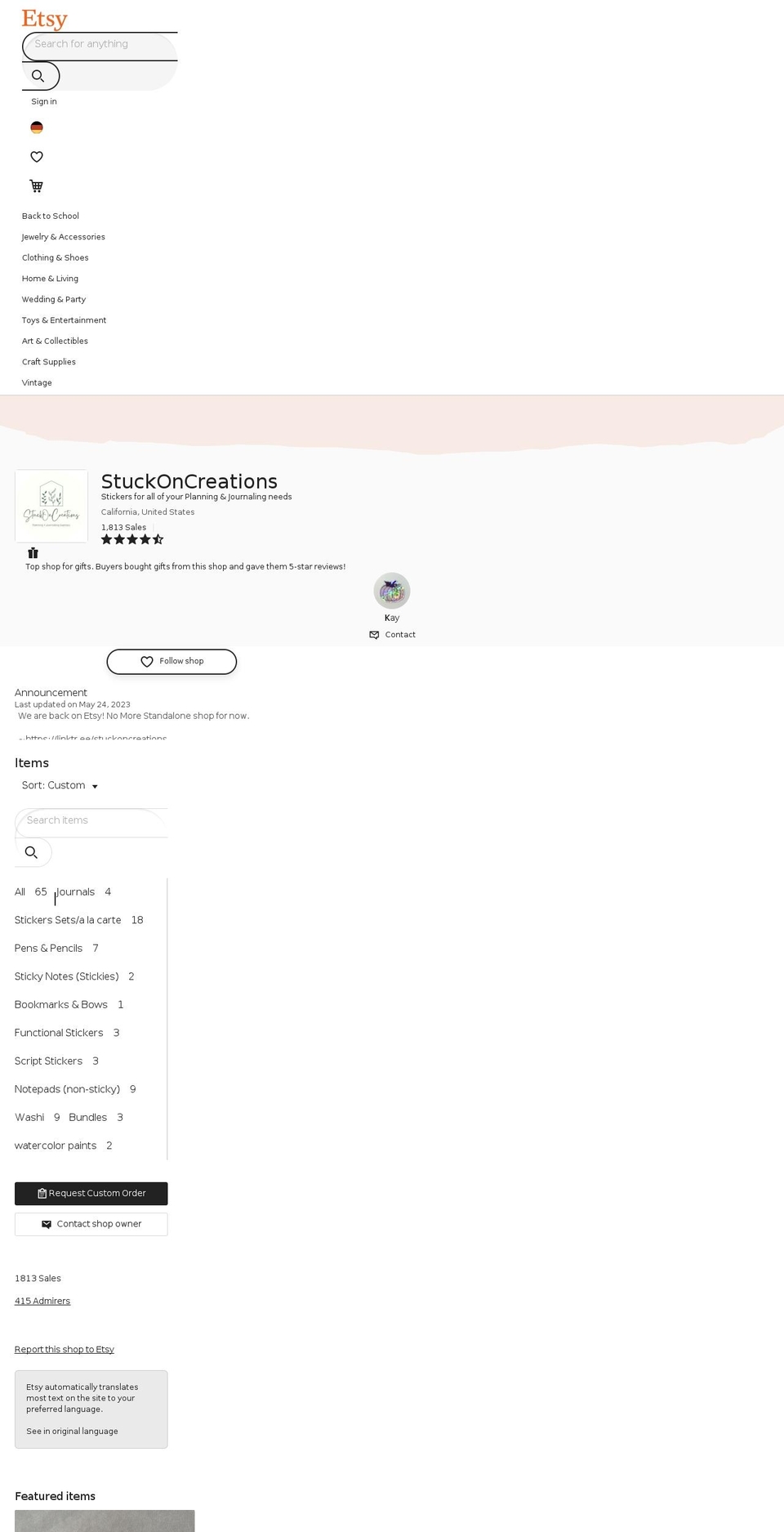 stuckoncreations.com shopify website screenshot