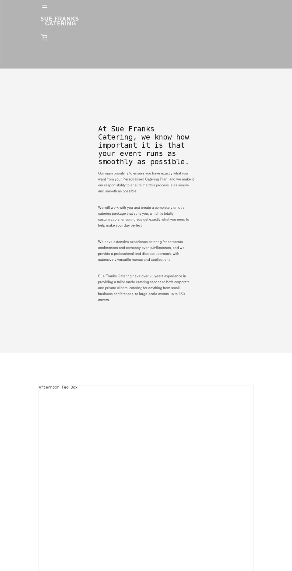 suefrankscatering.com shopify website screenshot