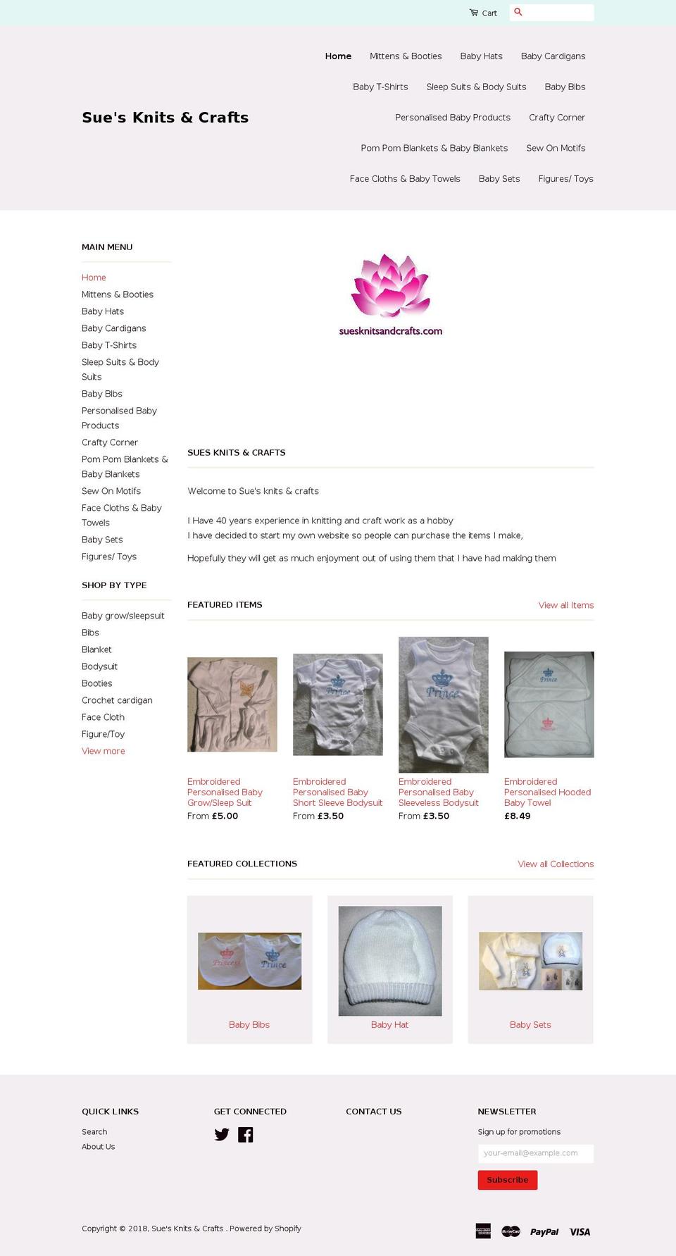 suesknitsandcrafts.com shopify website screenshot