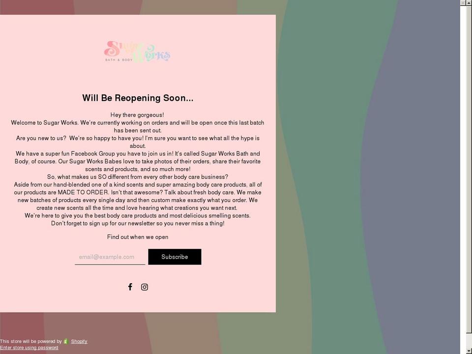 sugarworksbathandbody.com shopify website screenshot