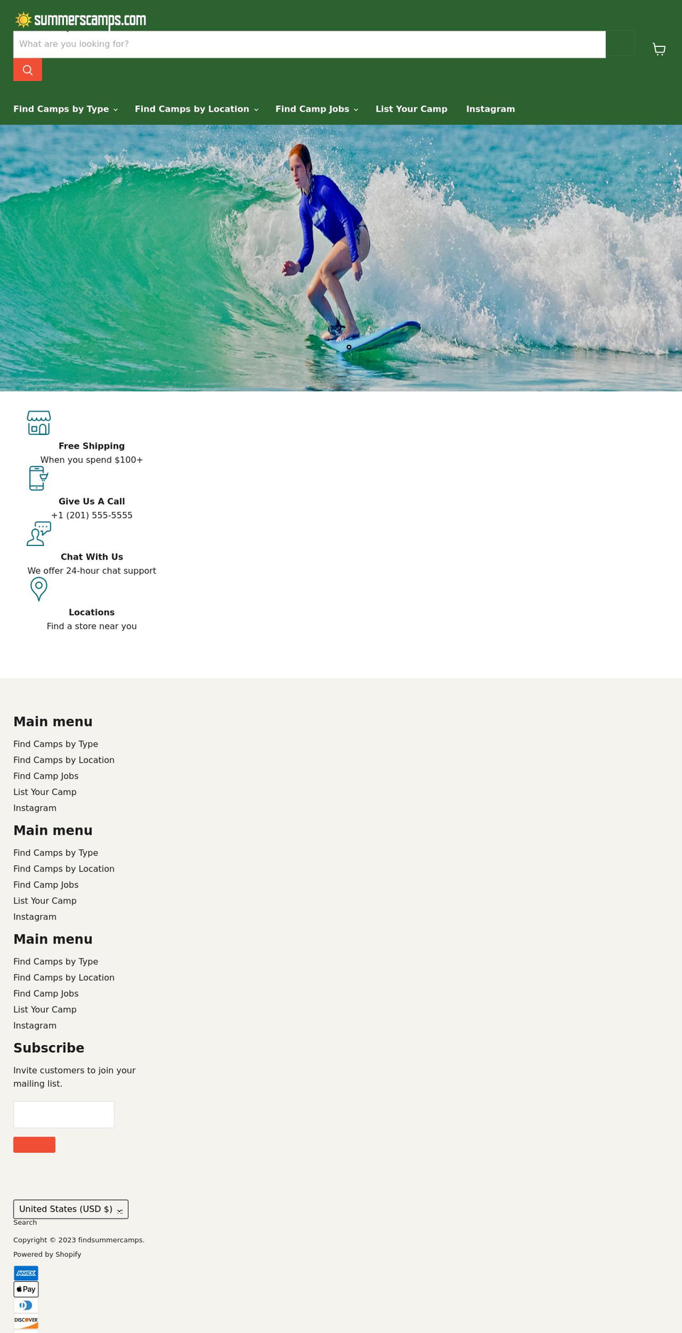 summerscamps.com shopify website screenshot