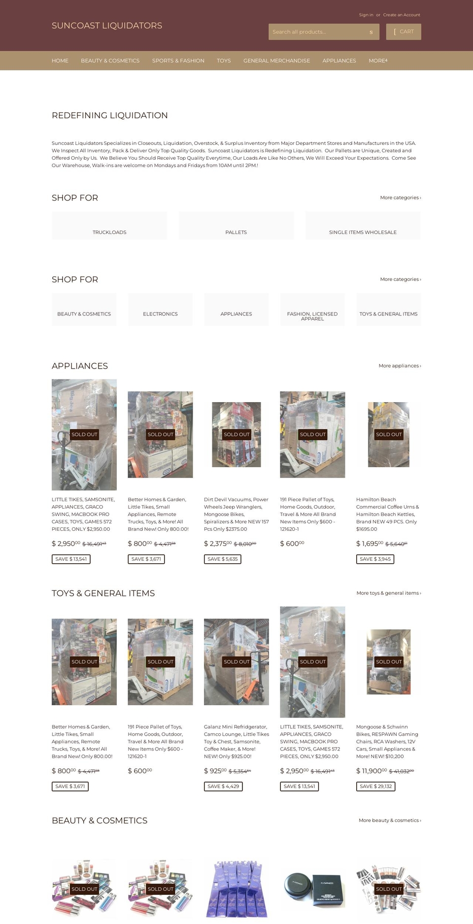 suncoastliquidators.com — Shopify storefront screenshot