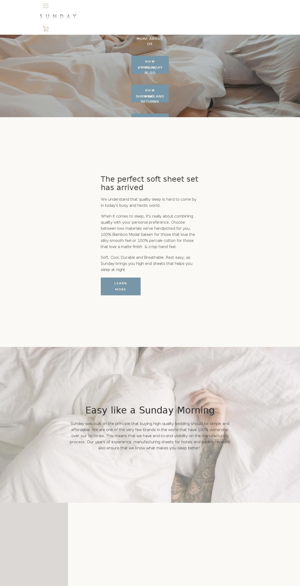 sundaybedding.com shopify website screenshot