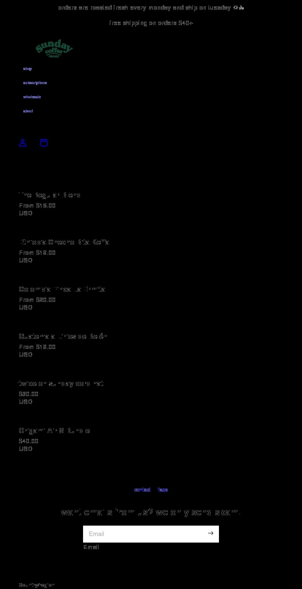 sundaycoffeeproject.com shopify website screenshot