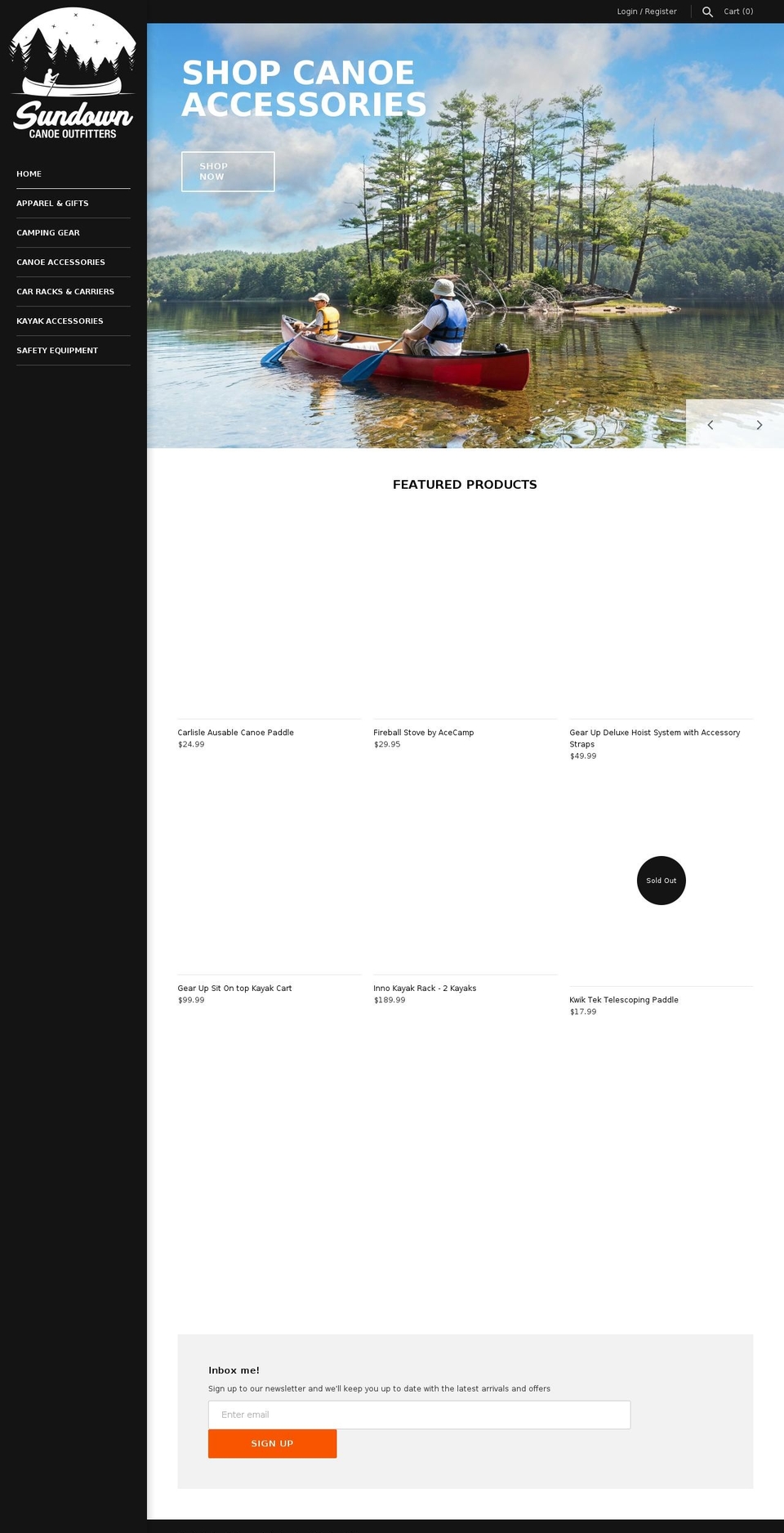 sundowncanoes.com shopify website screenshot