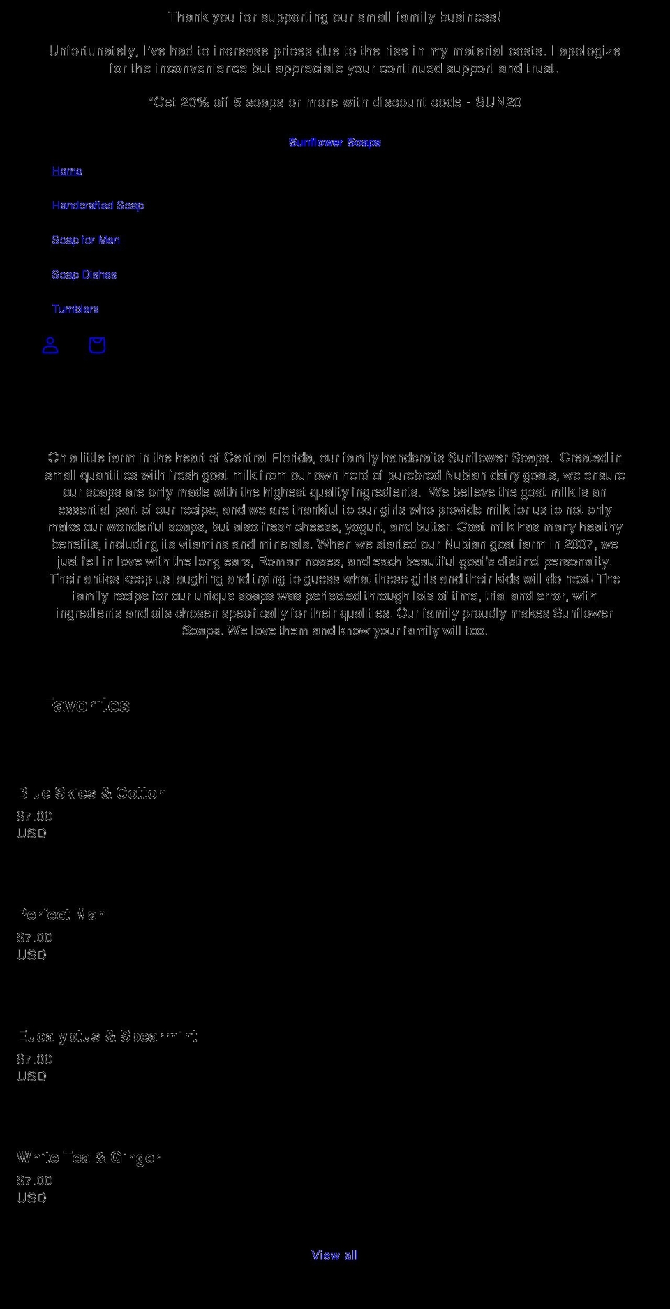 sunflsoaps.com shopify website screenshot