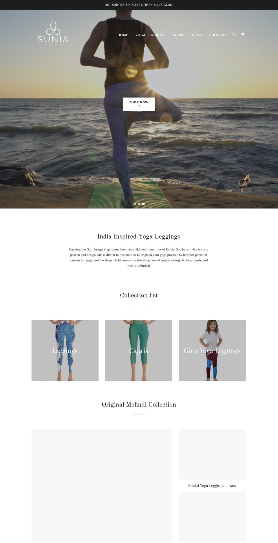 suniayoga.com shopify website screenshot