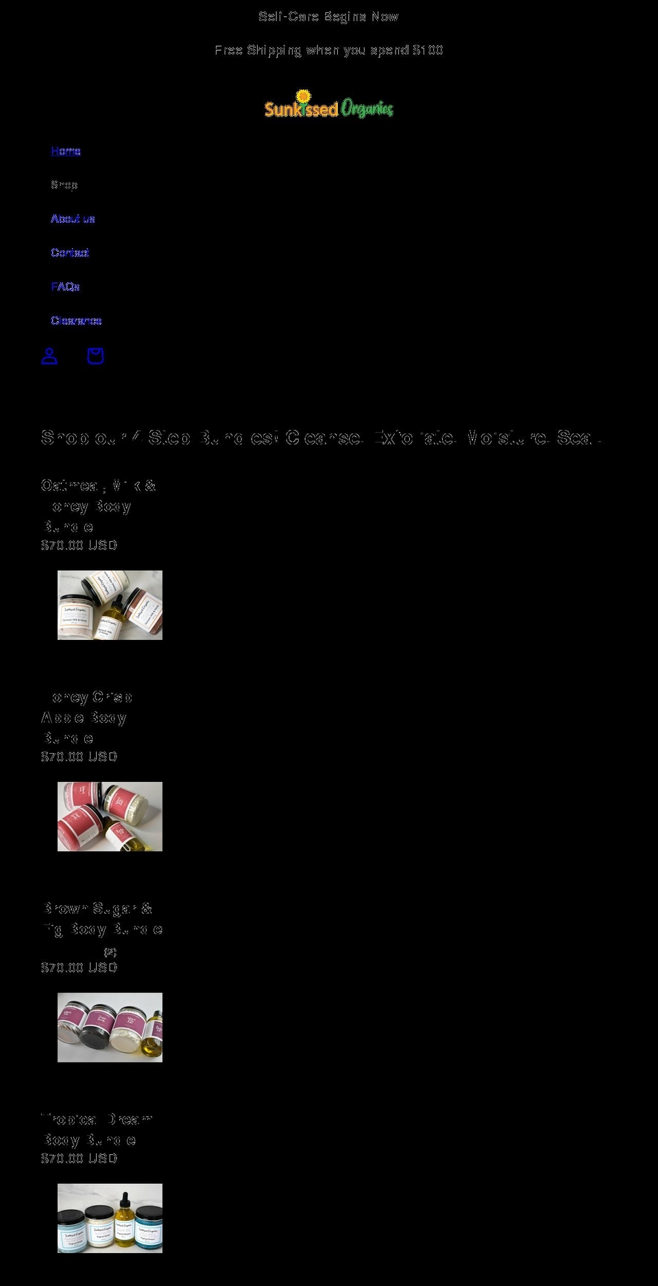 sunkissedorganics.net shopify website screenshot