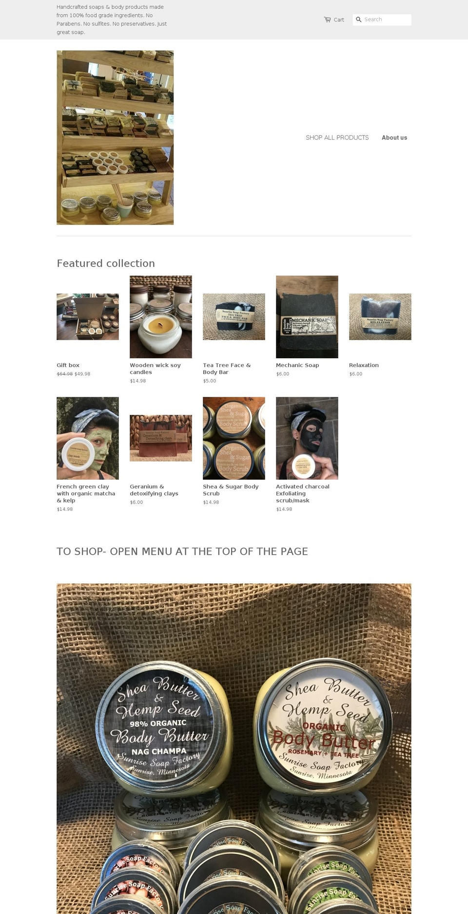 sunrisesoapfactory.org shopify website screenshot