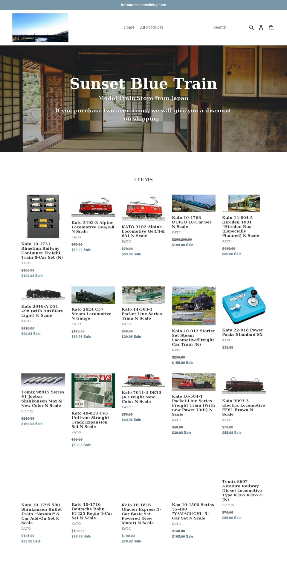 sunsetbluetrain.com shopify website screenshot