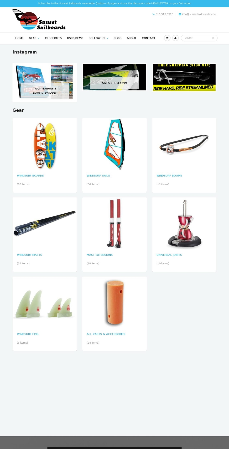 sunsetsailboards.com shopify website screenshot
