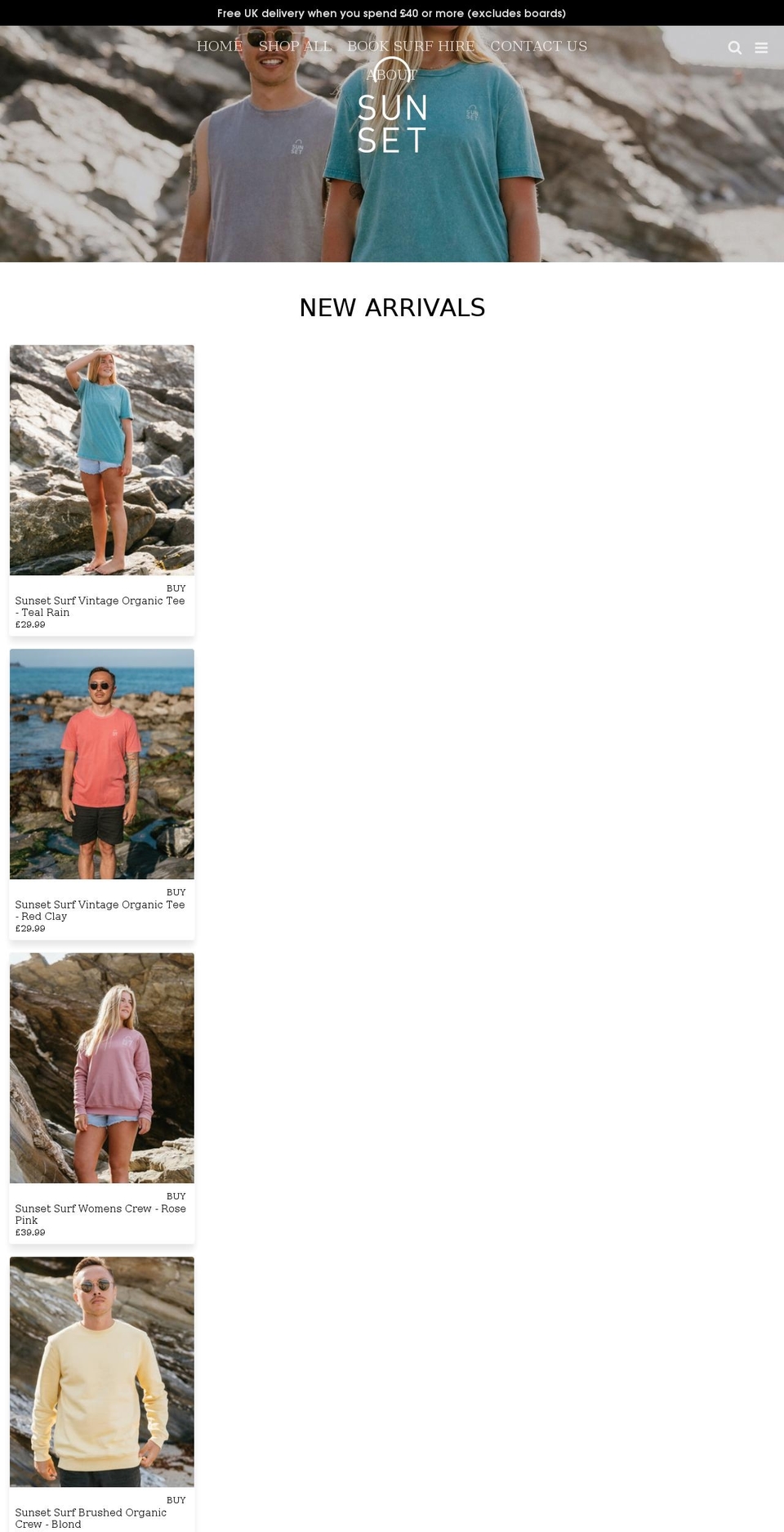 sunsetsurfnewquay.co.uk shopify website screenshot
