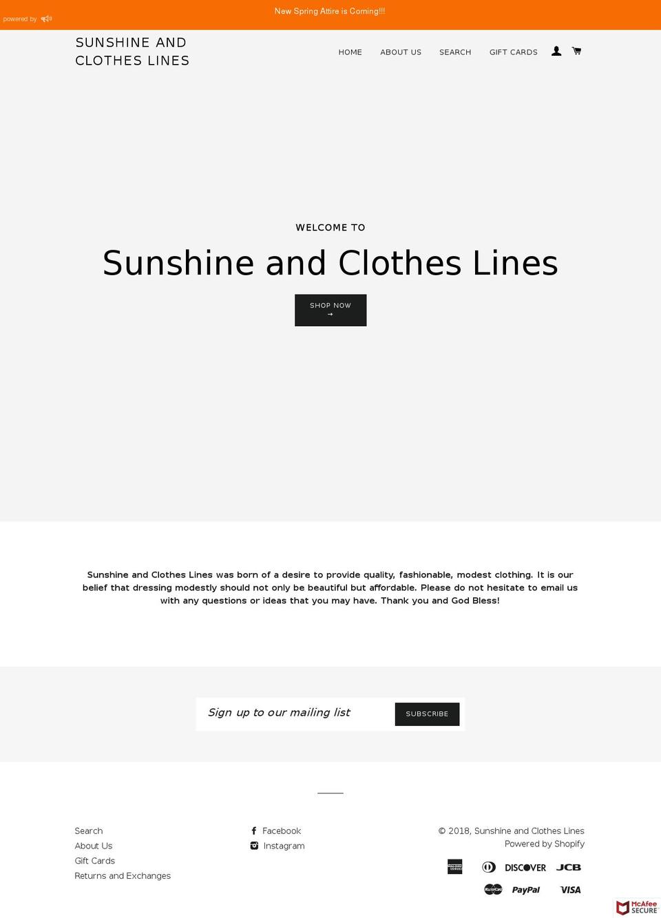 sunshineandclotheslines.com — Shopify storefront screenshot