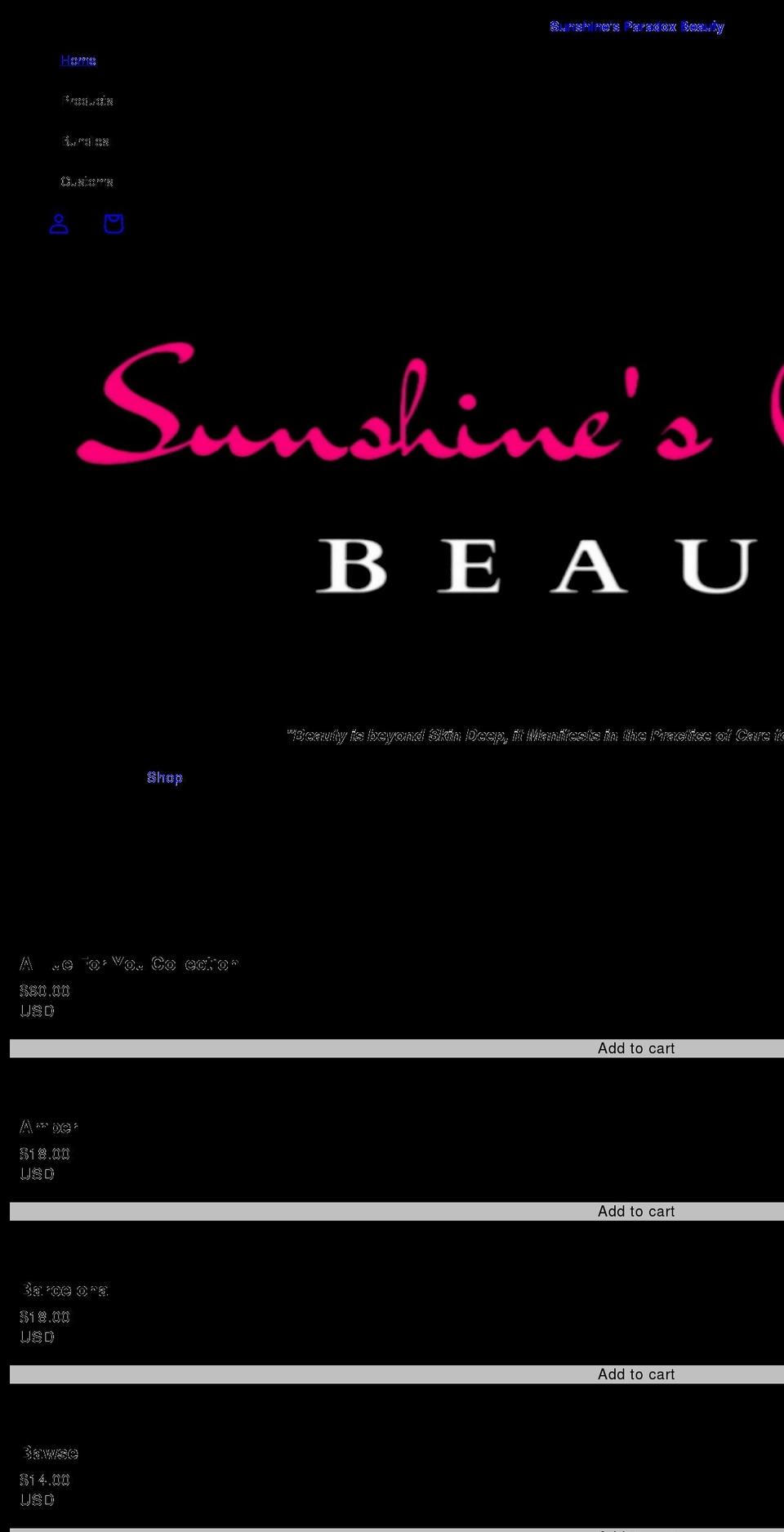 sunshinesparadoxbeauty.com shopify website screenshot