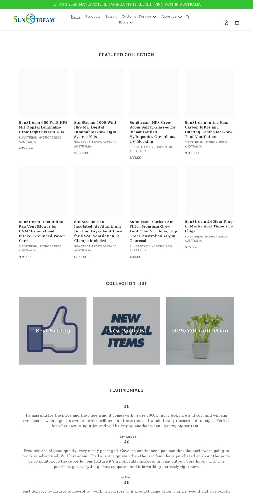 sunstreamhydroponics.com.au shopify website screenshot