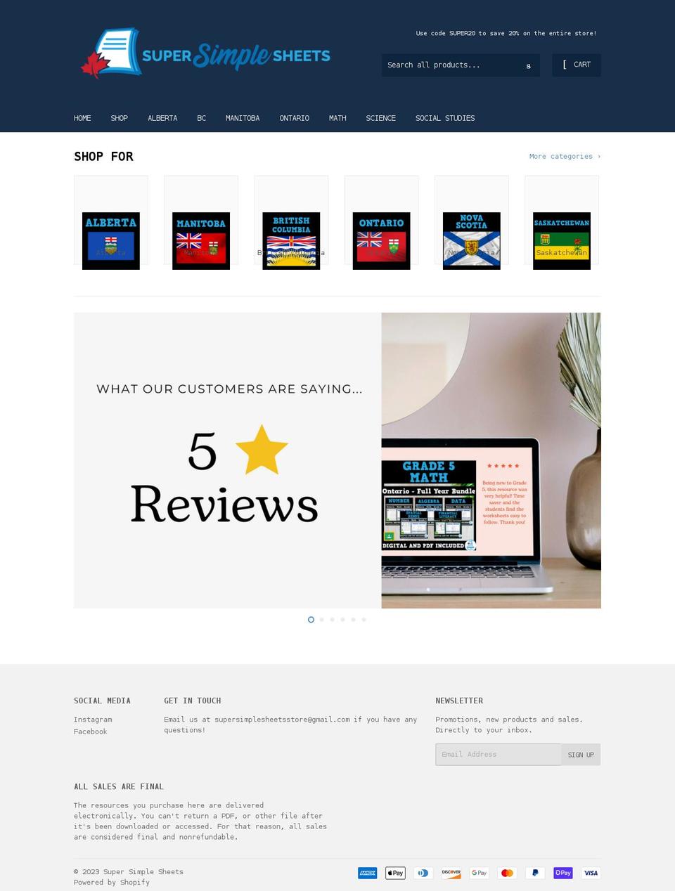 supersimplesheets.com shopify website screenshot