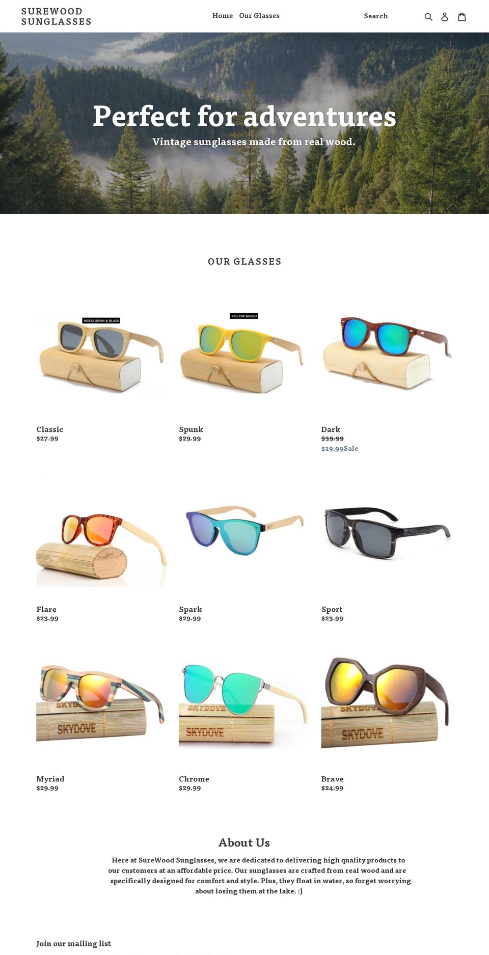 surewoodsunglasses.com — Shopify storefront screenshot