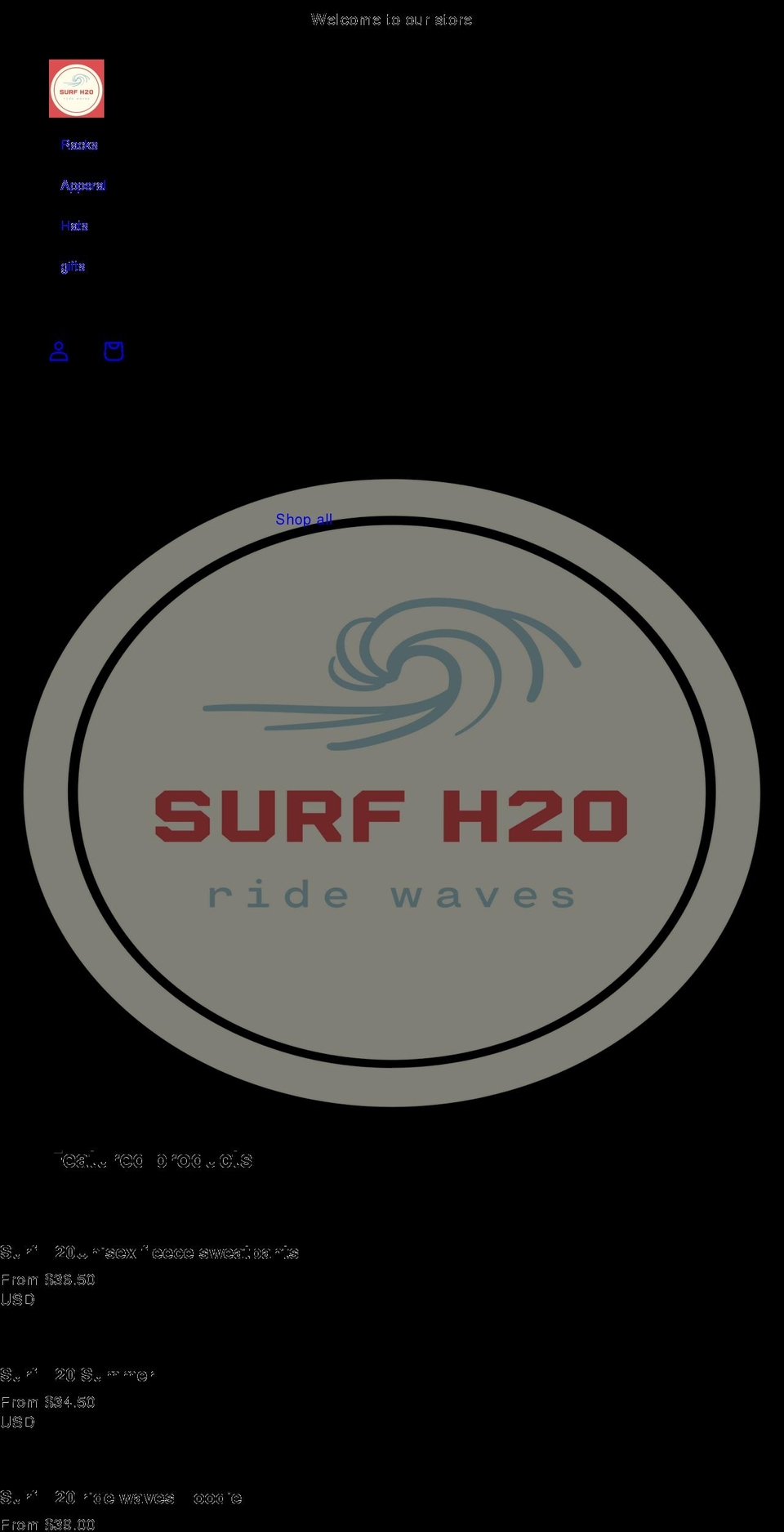 surfh20.com shopify website screenshot