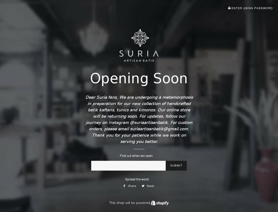 suria-artisanbatik.com shopify website screenshot