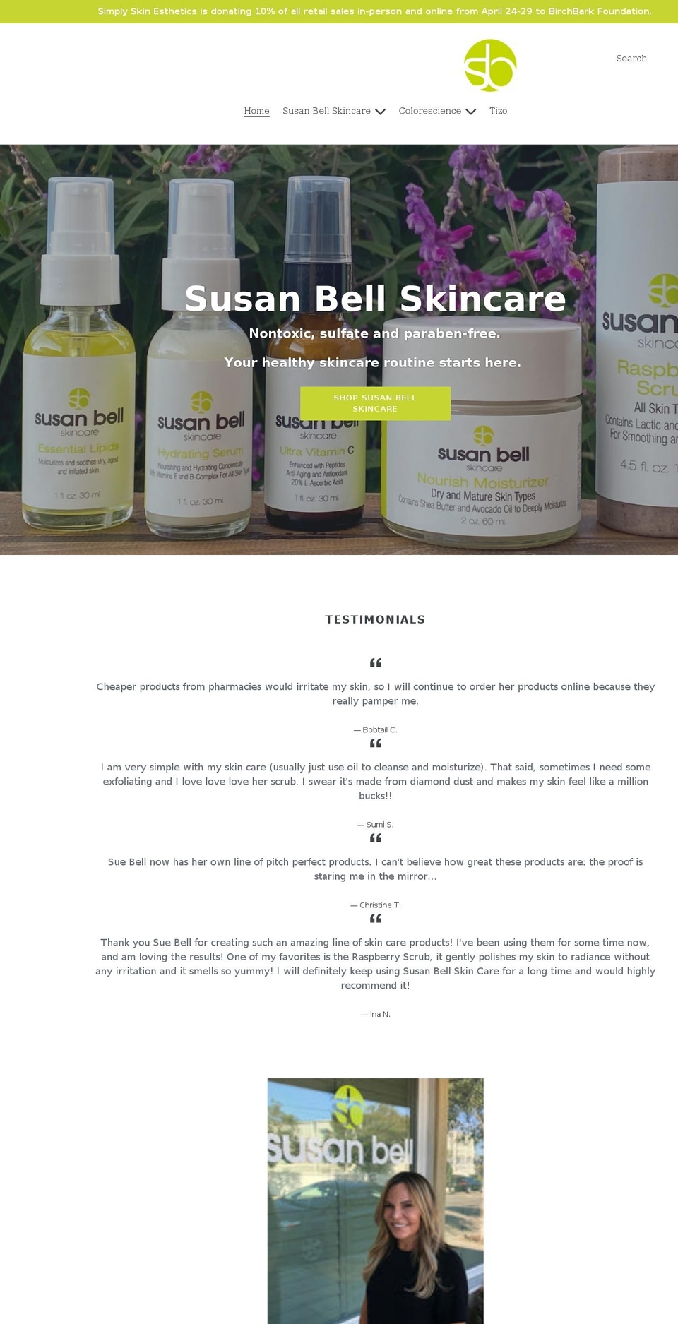 susanbellskincare.com shopify website screenshot