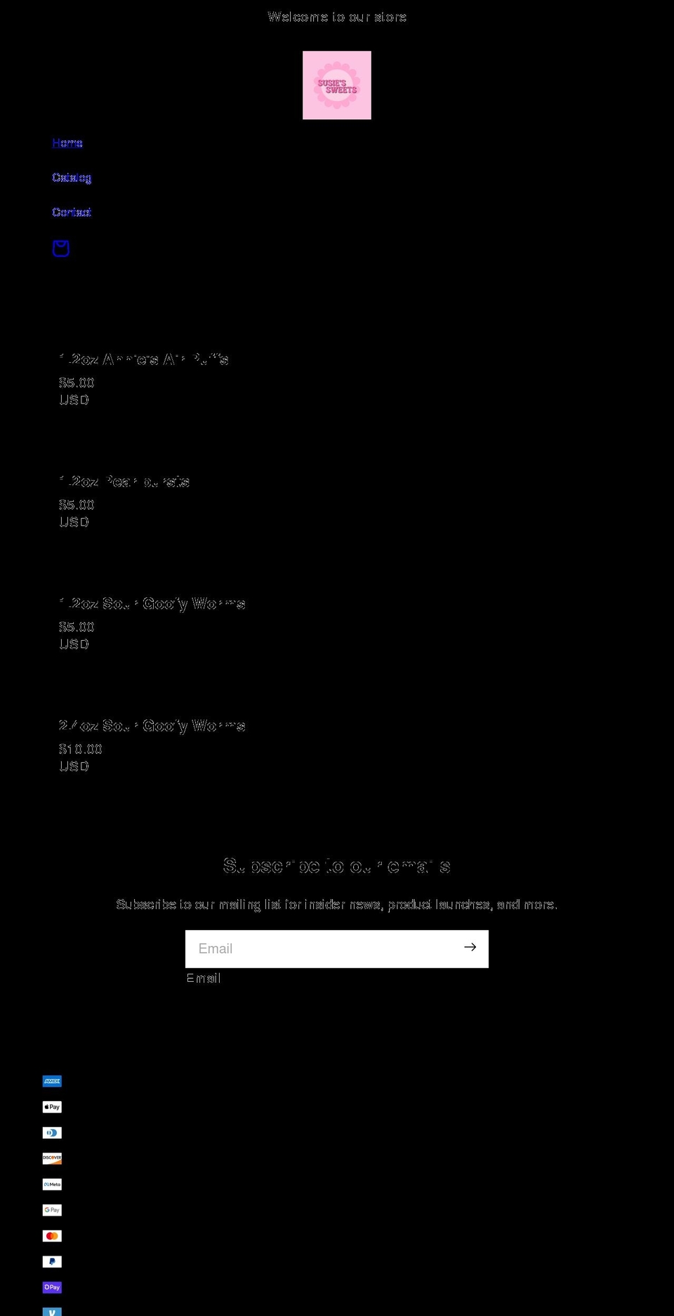 susiessweets.net shopify website screenshot