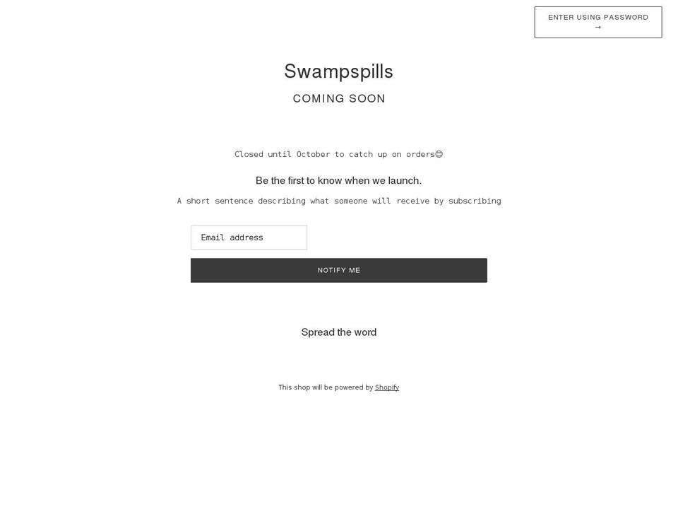 swampspills.com shopify website screenshot