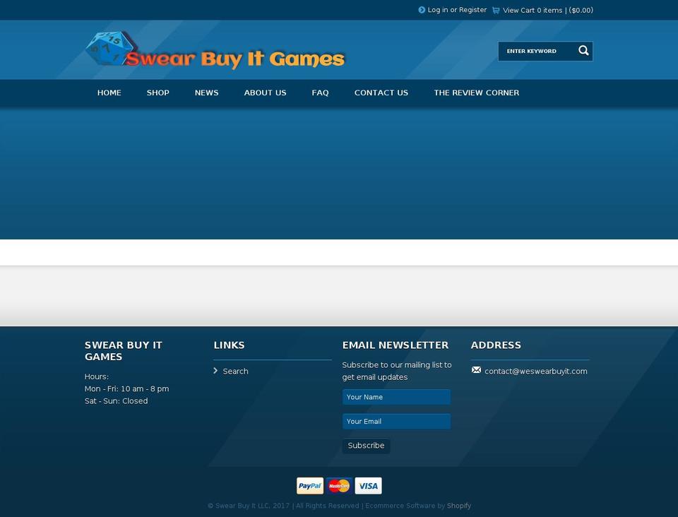 sweargames.com shopify website screenshot