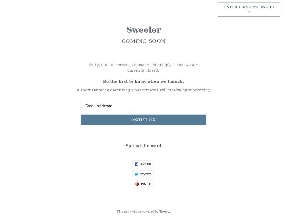 sweeler.myshopify.com shopify website screenshot