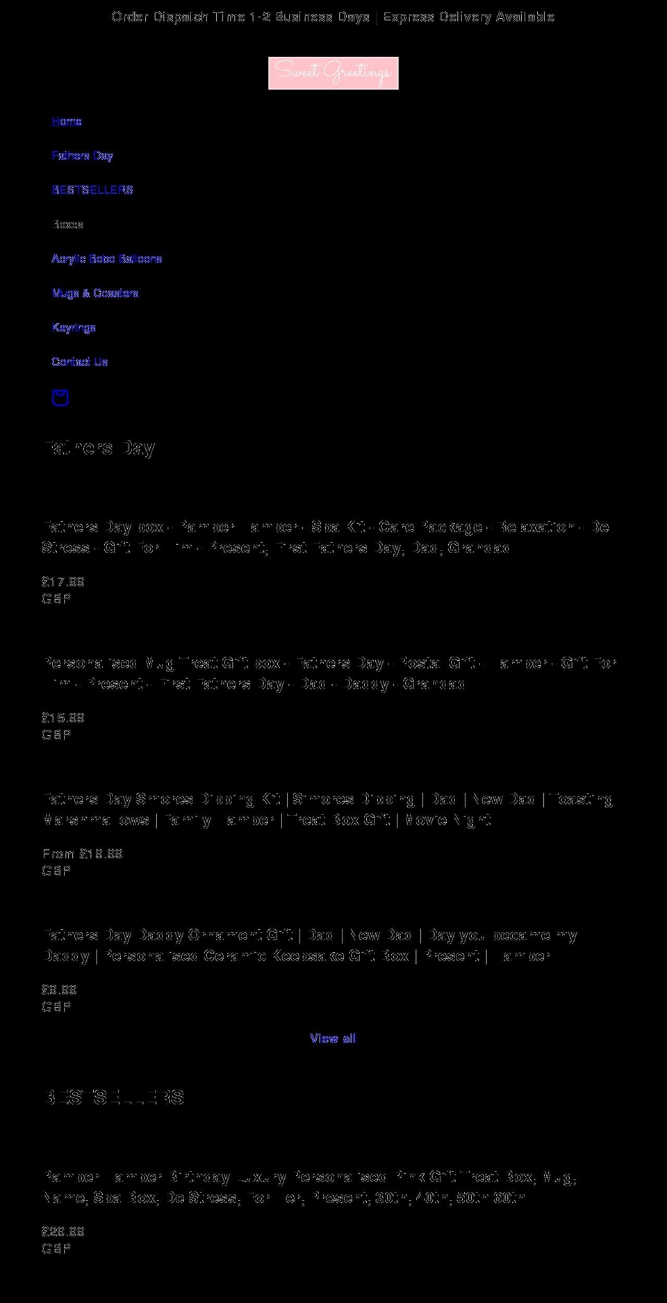 sweetgreetings.co.uk shopify website screenshot