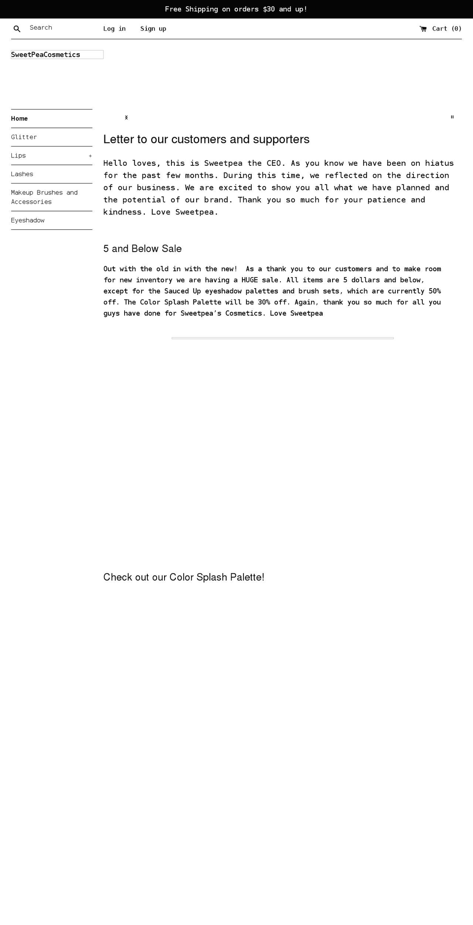 sweetpeacosmetics.com shopify website screenshot