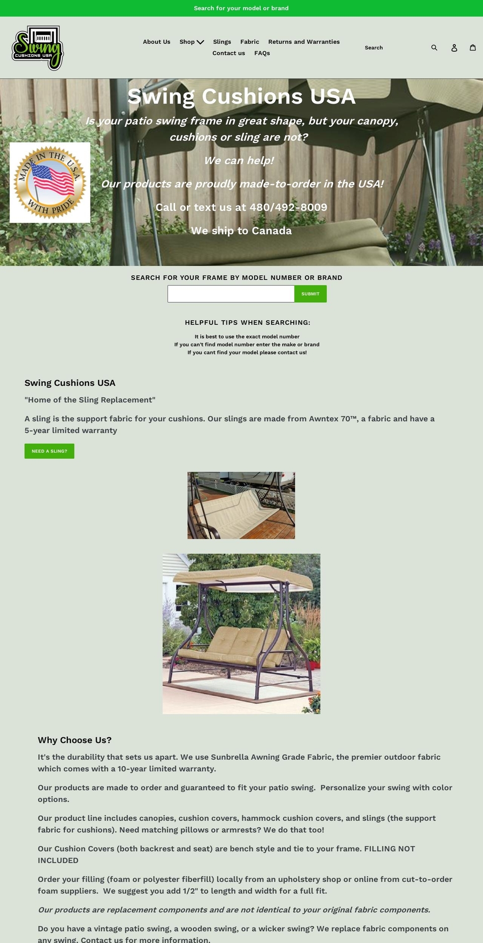 swingcushionsusa.com shopify website screenshot