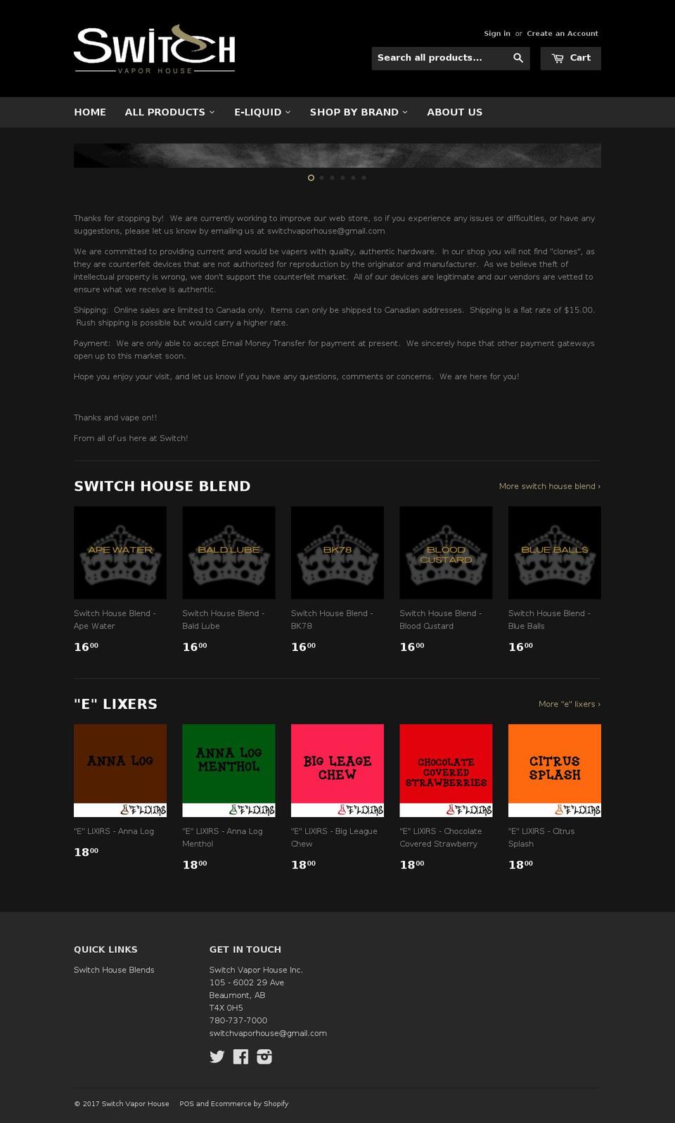 switchvaporhouse.com shopify website screenshot