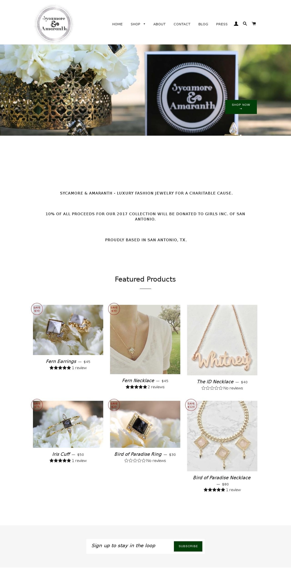 sycamoreandamaranth.com shopify website screenshot